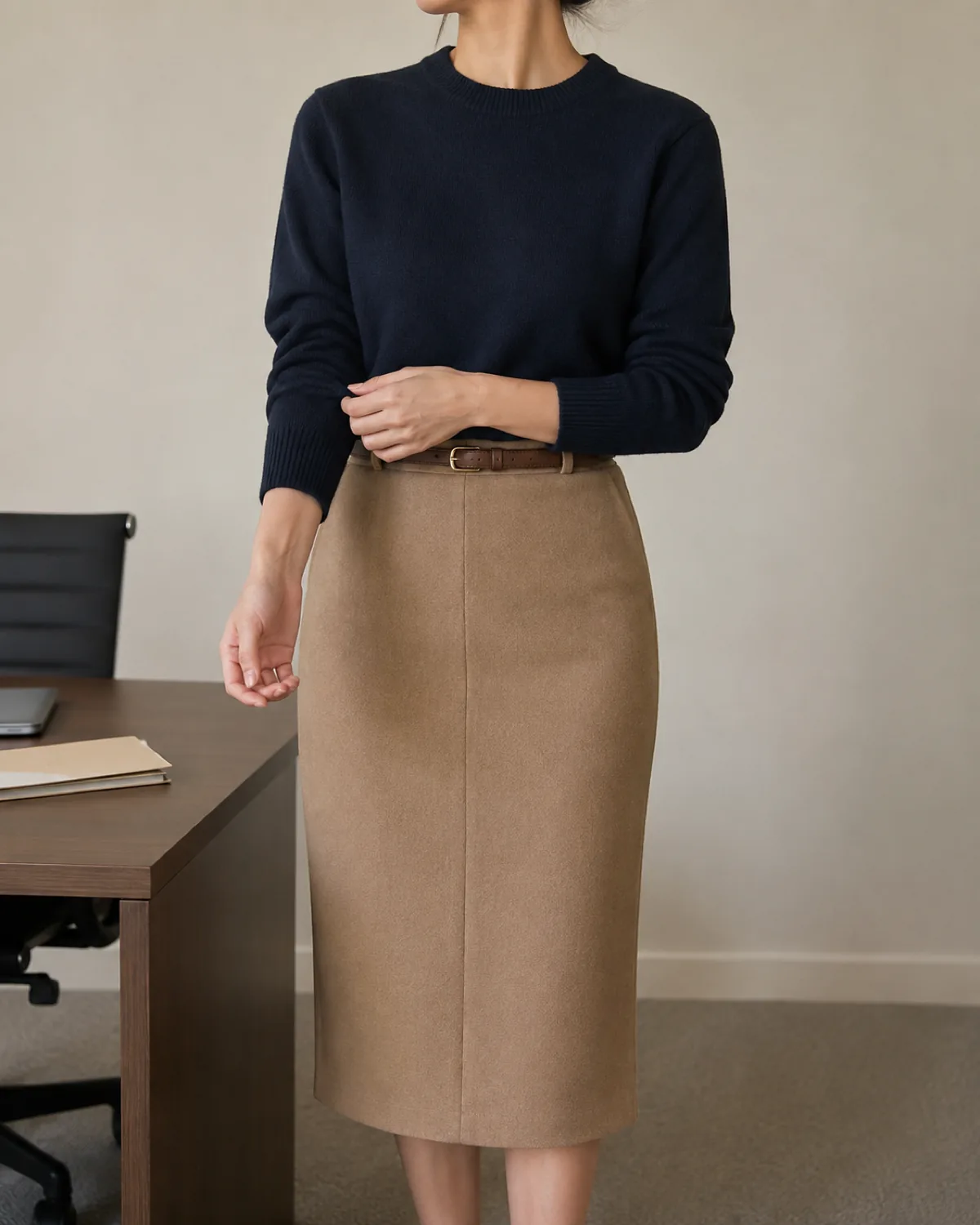 A woman in a camel straight midi skirt and navy crewneck sweater, mid-torso crop showing a brown leather belt and a pressed front crease