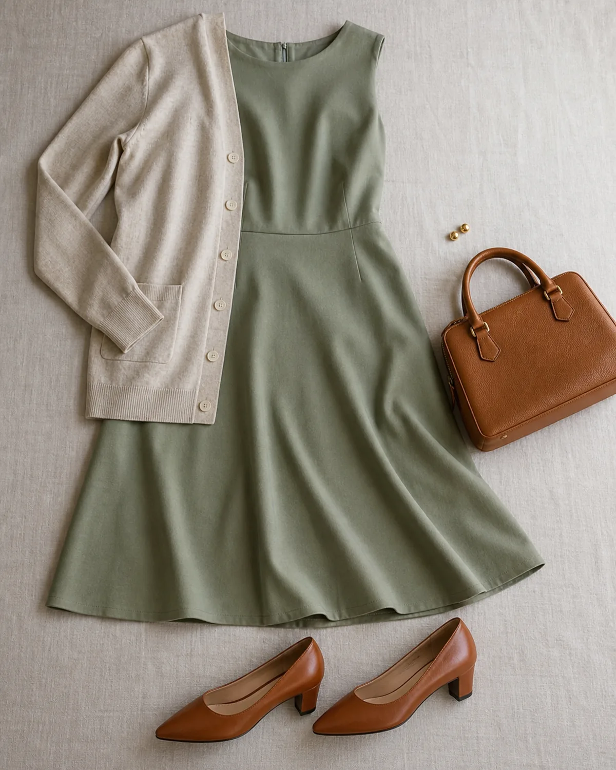 A flat-lay on a linen surface showing a sage green A-line dress, an oatmeal button-front cardigan, cognac low-heeled pumps, a tan structured bag and gold stud earrings