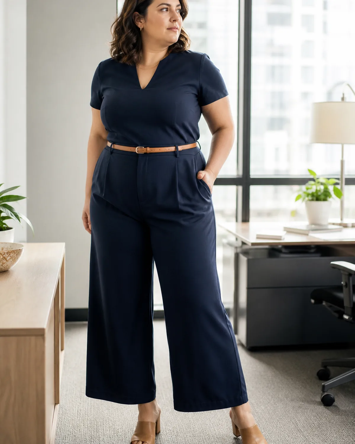 A midsize woman in a navy wide-leg jumpsuit with a V-neckline, a thin tan leather belt at the waist, and camel heeled mules, standing in a modern office with plants on the windowsill