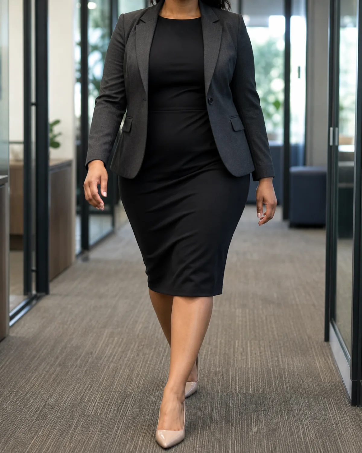 A midsize woman in a black ponte sheath dress with a charcoal blazer, walking mid-stride in an office hallway wearing nude pumps