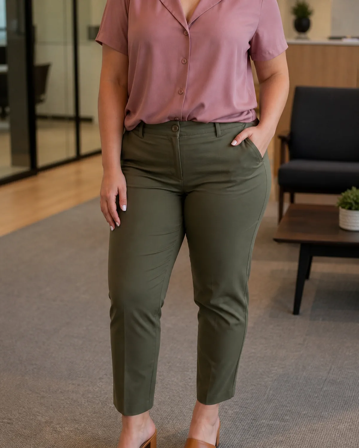 A midsize woman from chin to hip in olive tapered trousers with a dusty rose camp-collar blouse tucked in, one hand in a trouser pocket, wearing tan leather mules