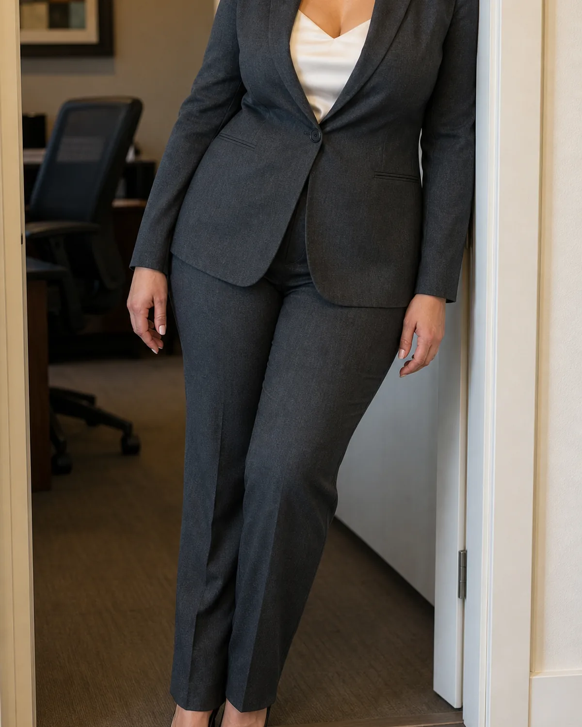 A midsize woman in a charcoal wool-blend trouser suit with an ivory silk camisole visible beneath the blazer lapels, leaning against a doorframe in black pointed-toe pumps