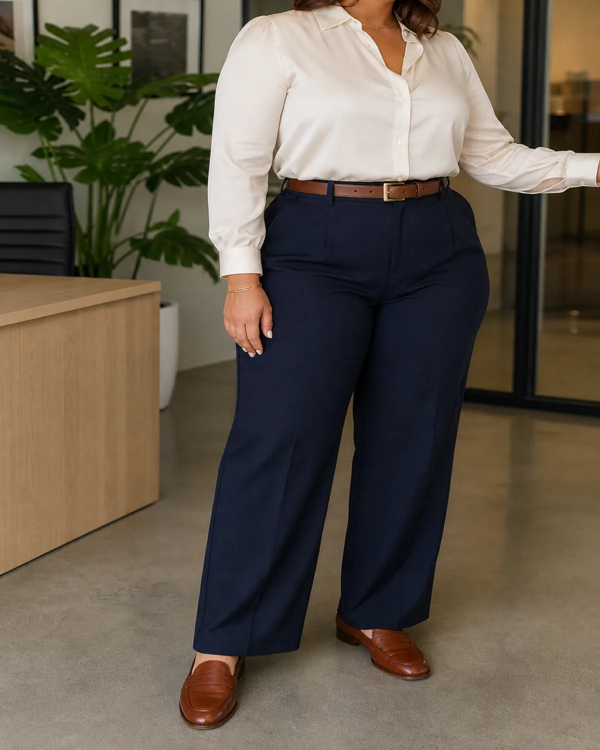 A midsize woman in navy wide-leg trousers with a cream silk blouse tucked in at the natural waist, cognac leather loafers, standing near a pale wood desk with a monstera plant