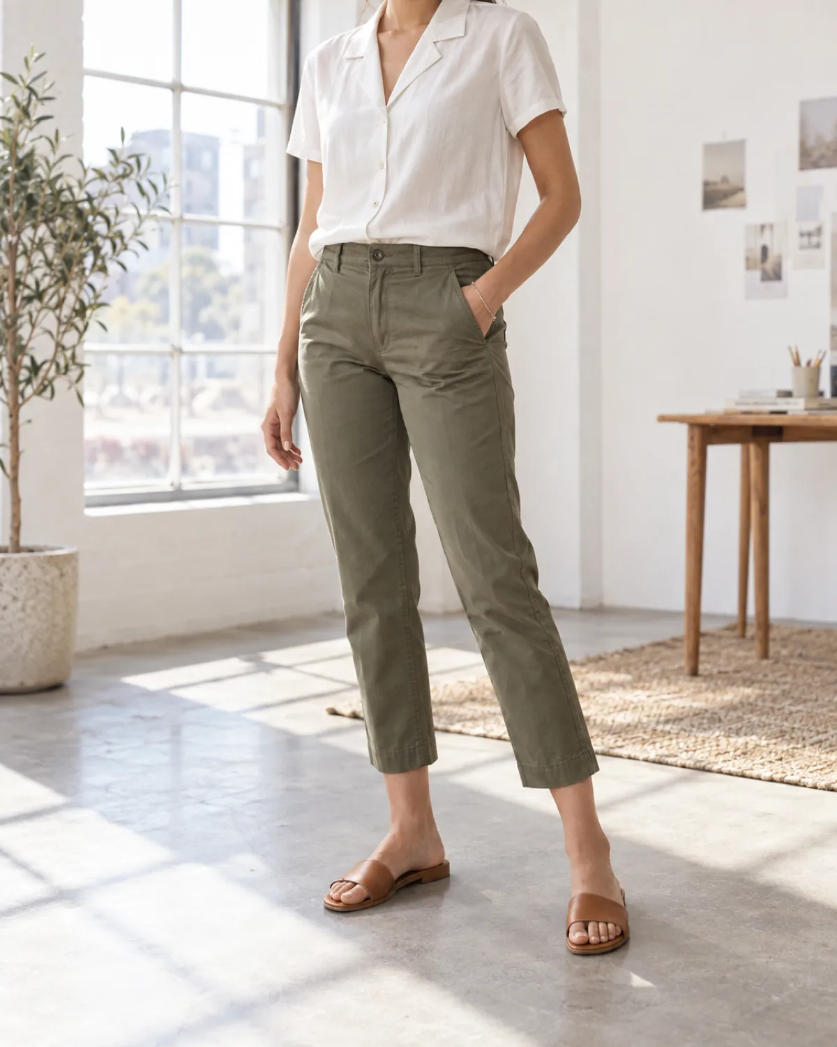 A petite woman in a bright white studio wearing olive straight-leg cropped chinos, a white short-sleeve camp-collar shirt tucked in and tan leather slide sandals