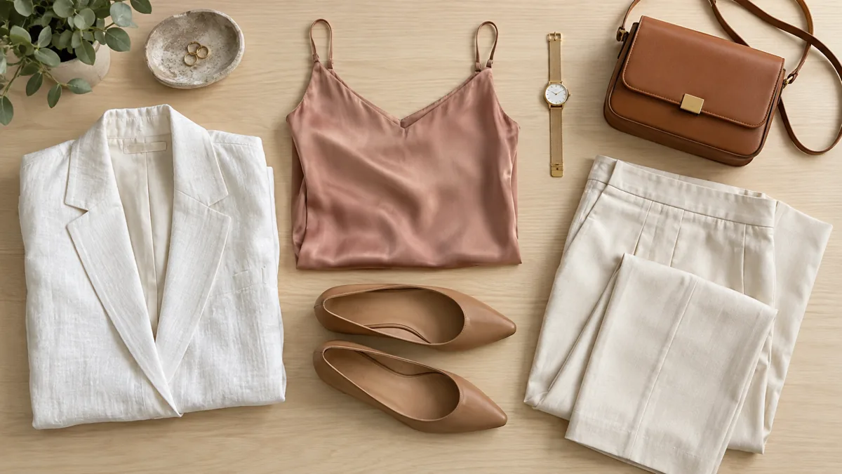 Flat-lay on a pale wood desk of a white linen blazer, dusty-rose silk camisole, cream cropped trousers, tan pointed flats, a cognac crossbody bag and a gold watch
