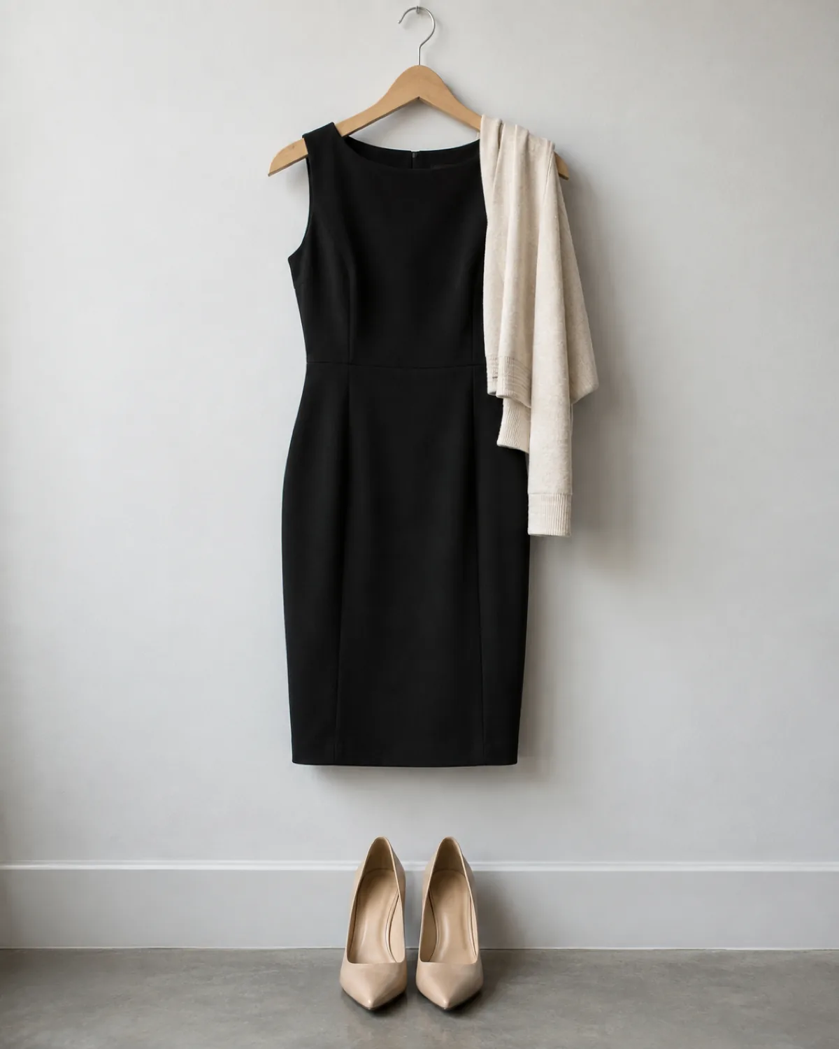 A black sleeveless knee-length ponte sheath dress on a wooden hanger against a grey wall, an oatmeal cotton cardigan draped over one shoulder and nude pumps on the floor below