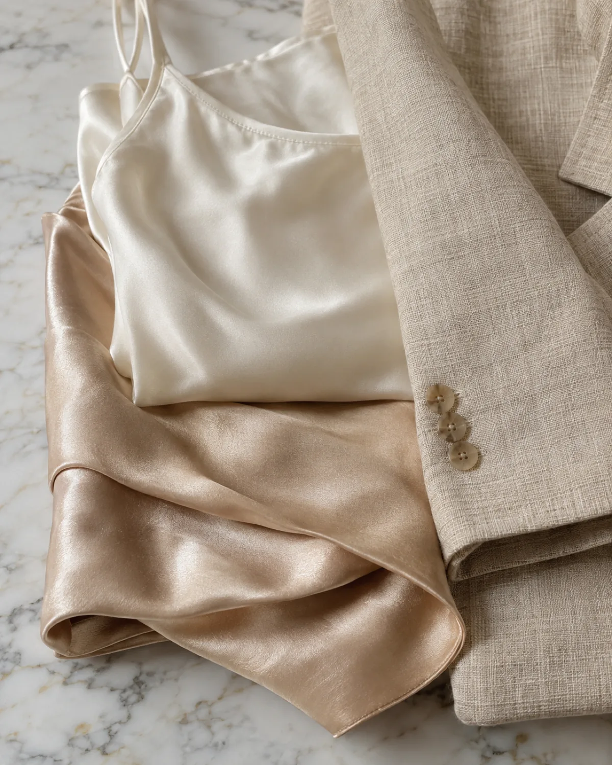 Detail of a folded champagne satin slip skirt, an ivory silk camisole and the buttoned cuff of a beige linen blazer on a marble surface