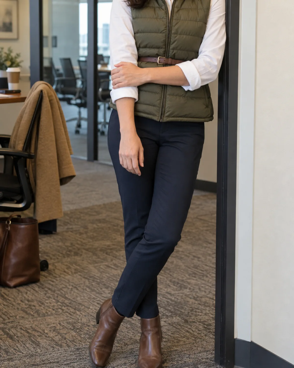 A woman leaning against an office doorway wearing an olive quilted puffer vest belted at the waist over a white long-sleeve blouse, navy slim trousers, and brown ankle boots