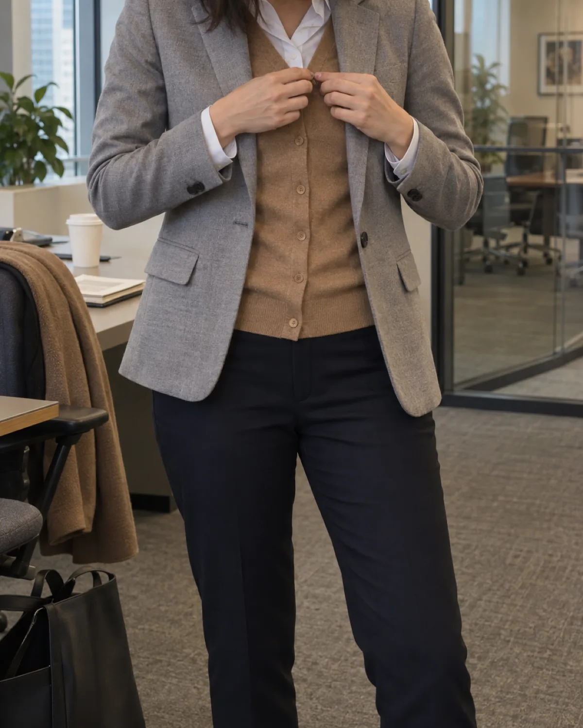 A woman in a grey blazer over a camel slim-fit merino cardigan over a white cotton shirt, adjusting the cardigan button, in a warmly-lit office with glass partitions