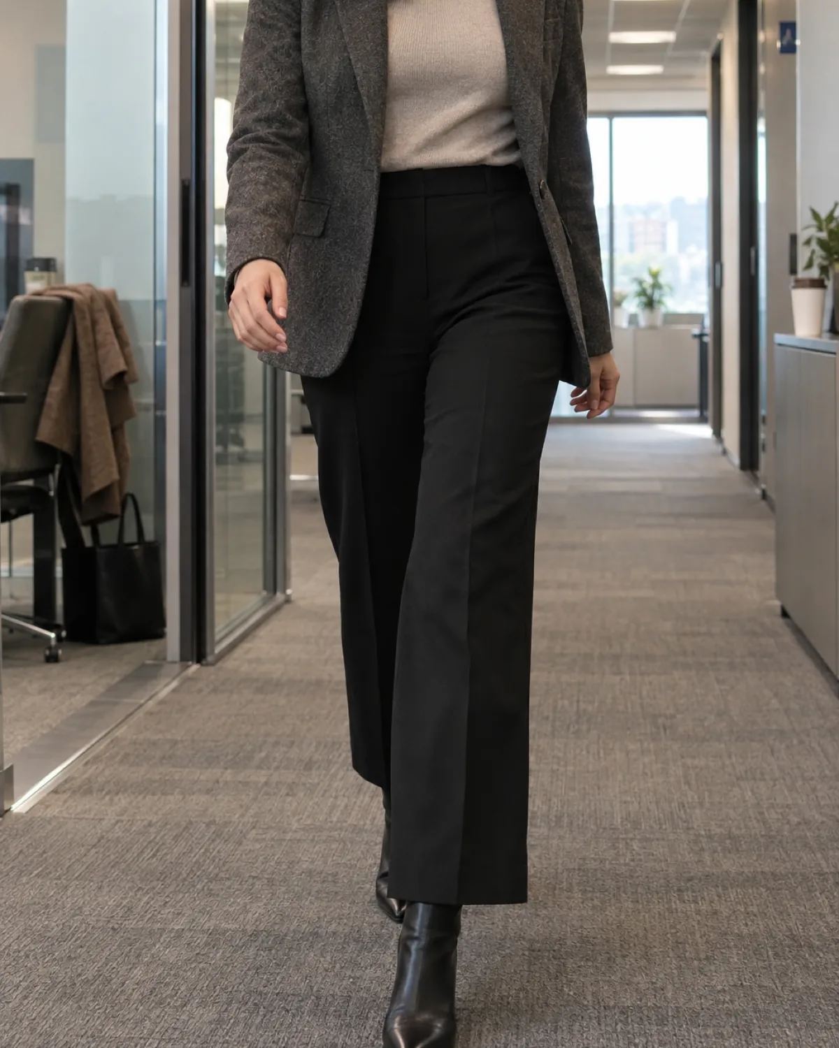 A woman walking mid-stride in a modern office corridor wearing a dark grey blazer, oatmeal turtleneck, black wide-leg trousers, and black pointed-toe ankle boots