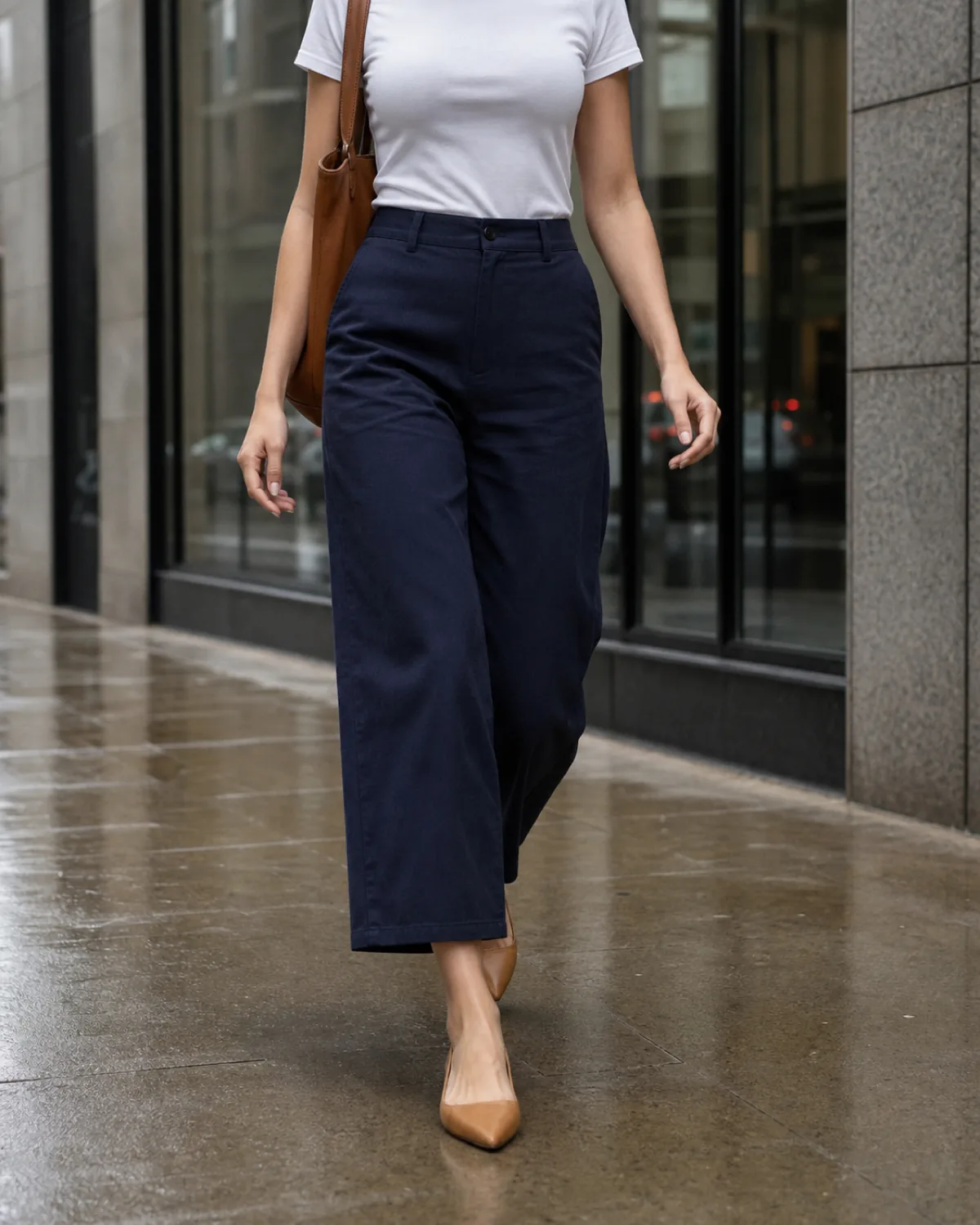 A woman walking on a wet sidewalk wearing navy cropped wide-leg trousers with a white fitted top tucked in and tan pointed-toe flats