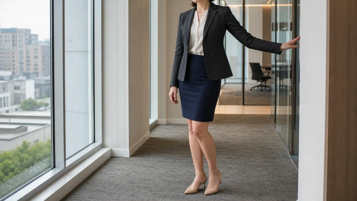 A woman in a fitted charcoal blazer over a cream blouse and navy pencil skirt standing in a modern office corridor with floor-to-ceiling windows