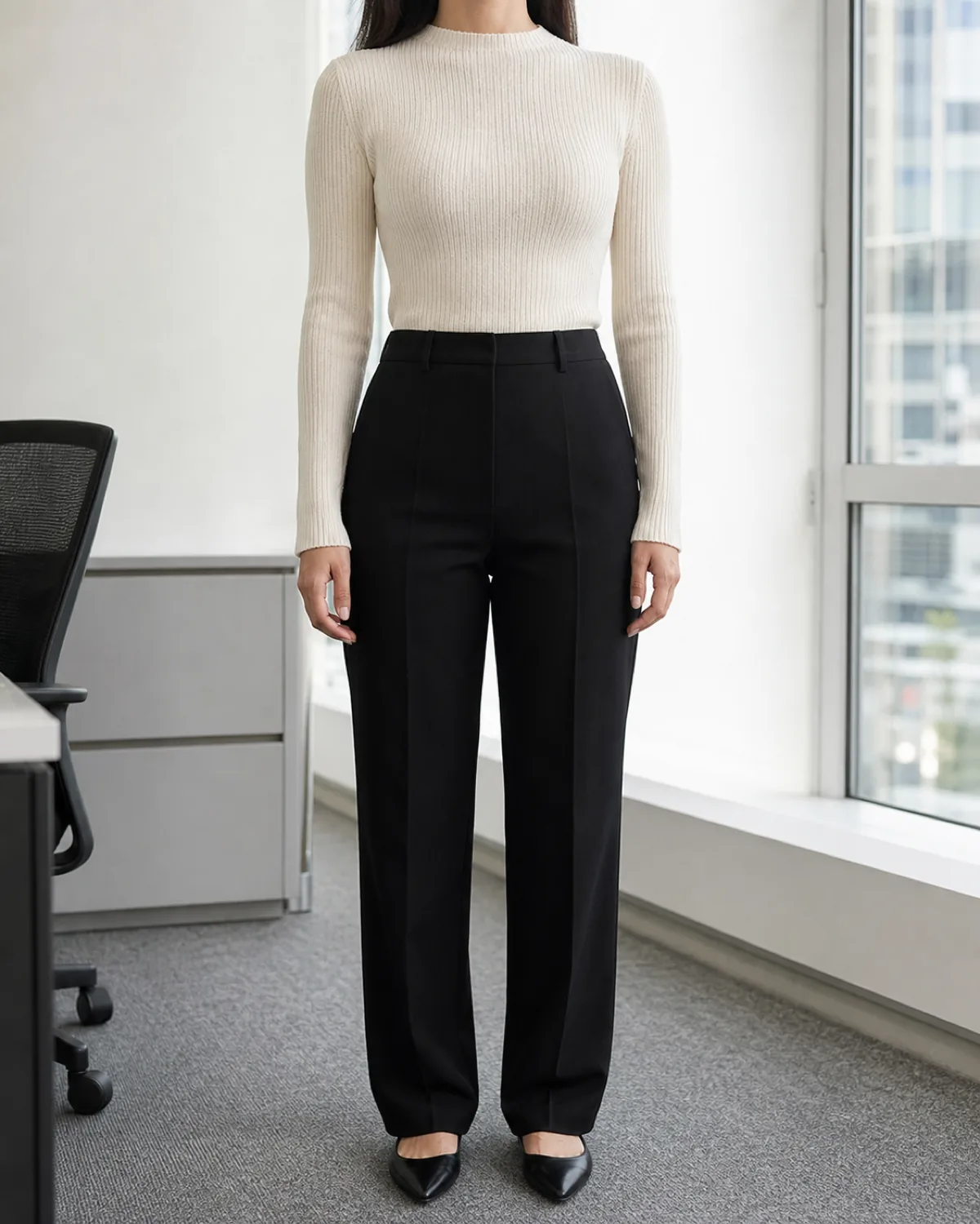 A woman in a fitted ivory ribbed knit tucked into black high-waist straight-leg trousers with black pointed-toe flats, standing in a bright office