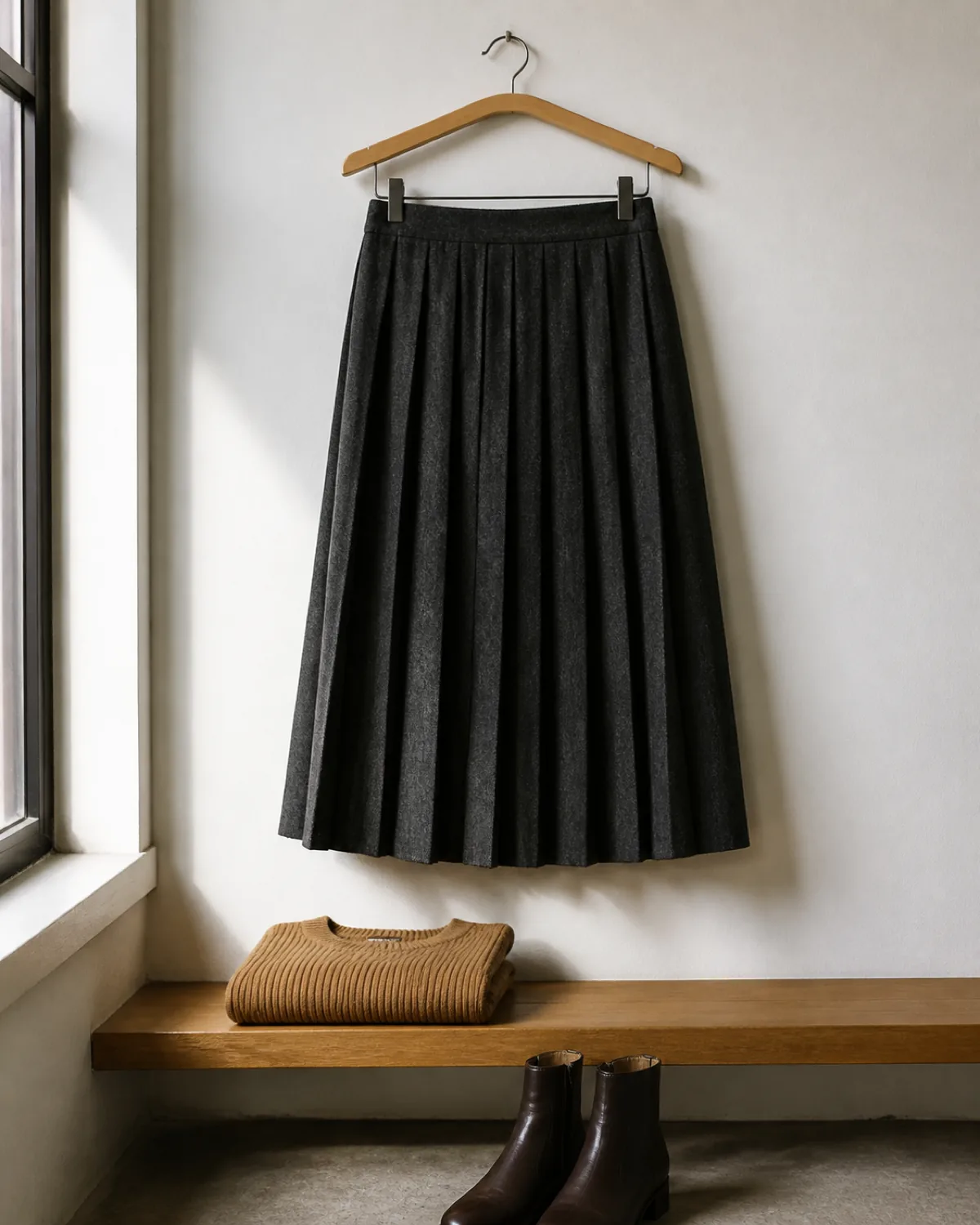 A charcoal pleated midi skirt hanging on a wooden hanger with a folded camel ribbed knit on a shelf below and dark brown ankle boots at the base