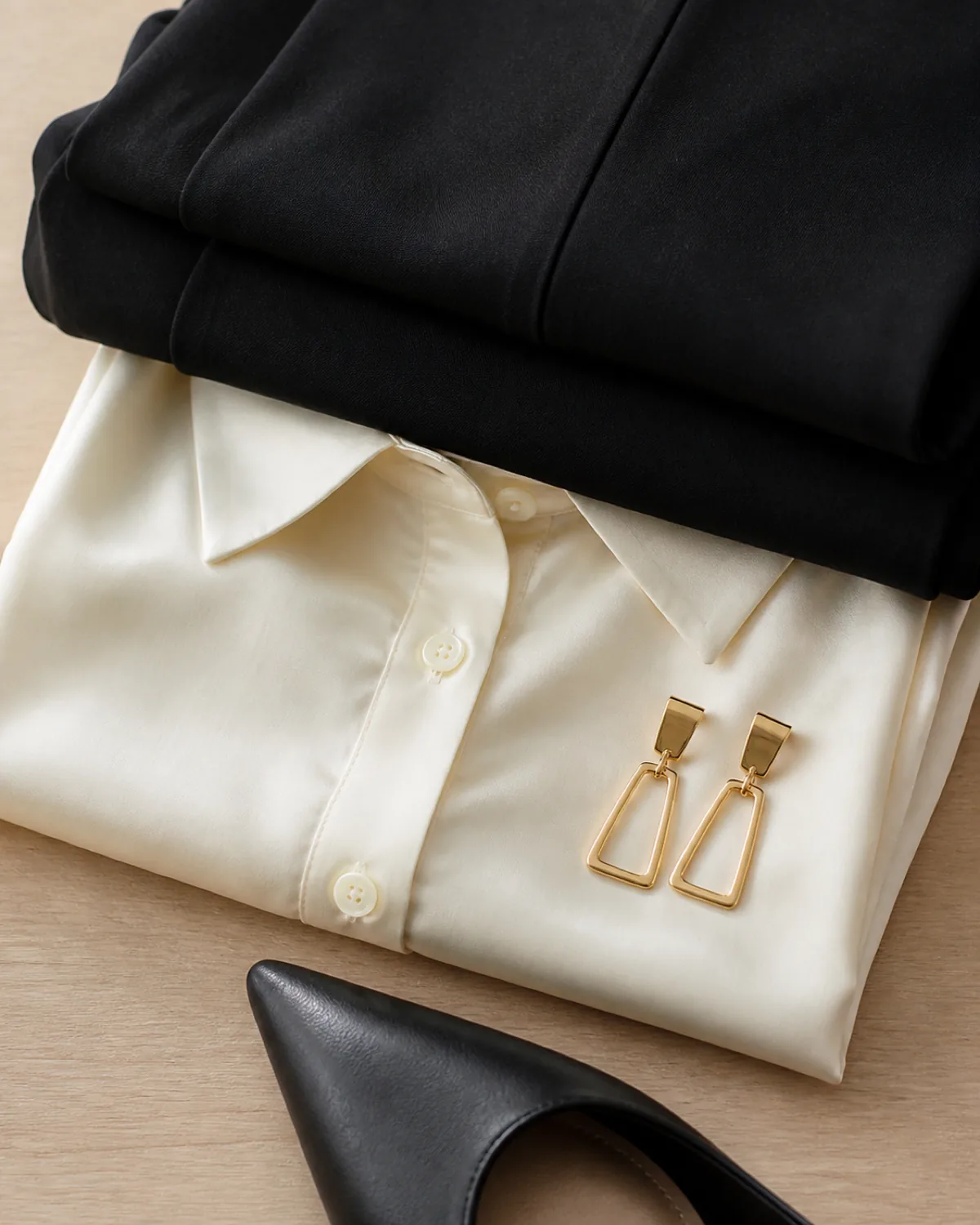 Stacked detail of folded black ponte pants, a cream silk blouse with collar and buttons, gold geometric drop earrings, and the toe of a black pointed flat on a wooden surface