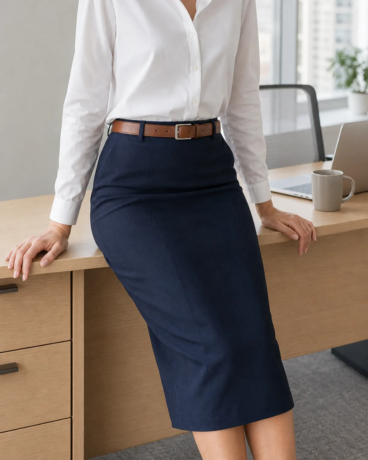A plus-size woman seated at a light wood desk edge with legs crossed, wearing a navy midi pencil skirt, a white cotton blouse tucked in, and a cognac leather belt at the waist, head cropped out of frame, with a laptop and coffee mug behind her