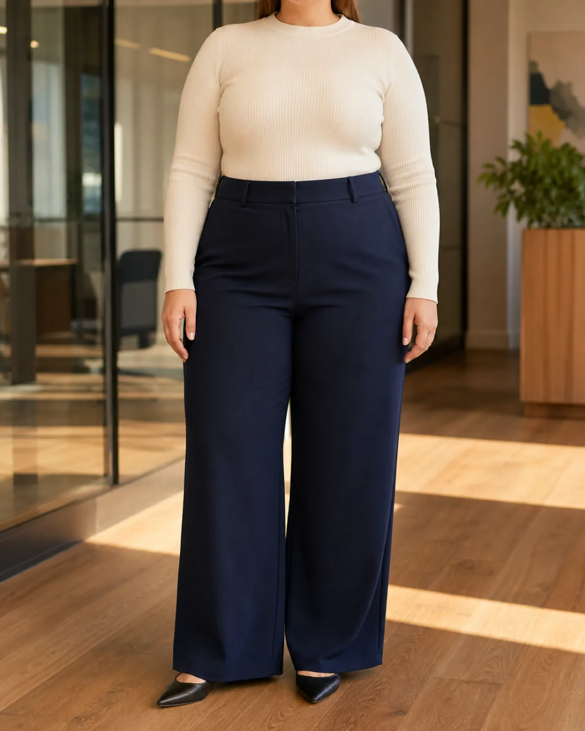 A plus-size woman standing straight-on in an office corridor wearing navy wide-leg trousers with a cream fitted ribbed knit tucked in and black pointed-toe flats, head cropped out of frame