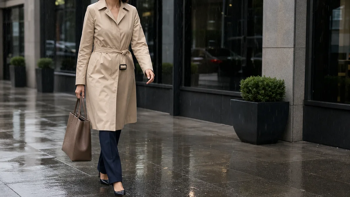 A woman in a belted beige trench coat over dark navy trousers carrying a brown leather tote bag, walking on a wet city sidewalk outside a modern office building in light rain
