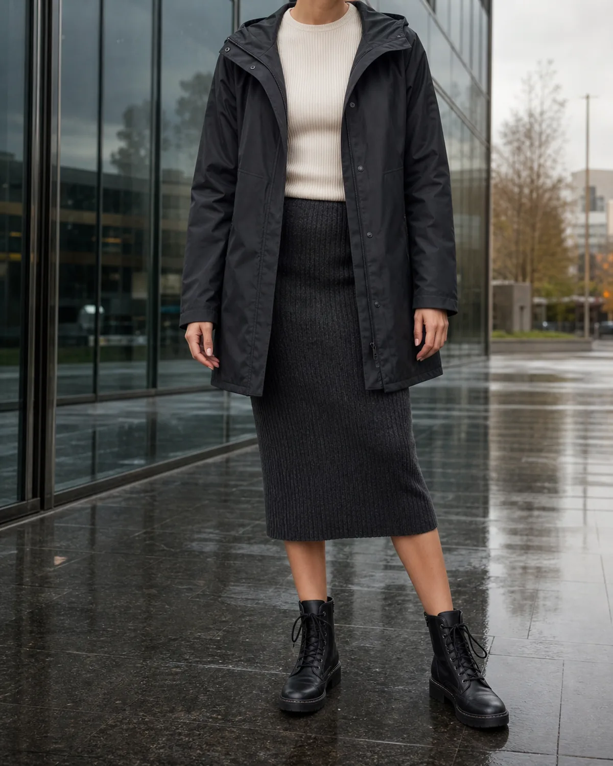 A woman standing straight-on with weight shifted to one leg outside an office building with a glass facade reflecting overcast sky, wearing a dark waterproof parka with the hood down over a cream ribbed top and a charcoal knit midi skirt that falls below the knee, with black rubber-soled lace-up ankle boots on wet pavement