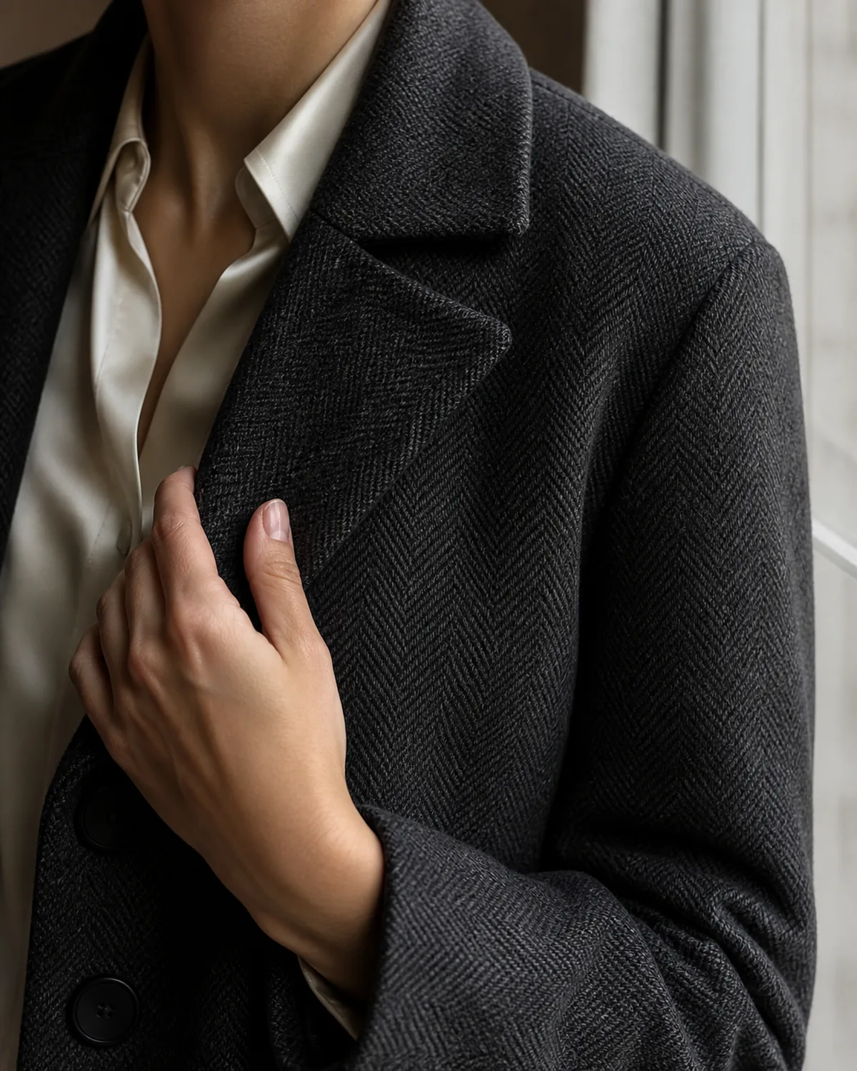Close crop on the shoulder and collar of a charcoal herringbone wool overcoat with visible weave texture and dark matte buttons, a cream silk blouse collar peeking above the coat collar, one hand adjusting the lapel with visible wrist and forearm connected to the body
