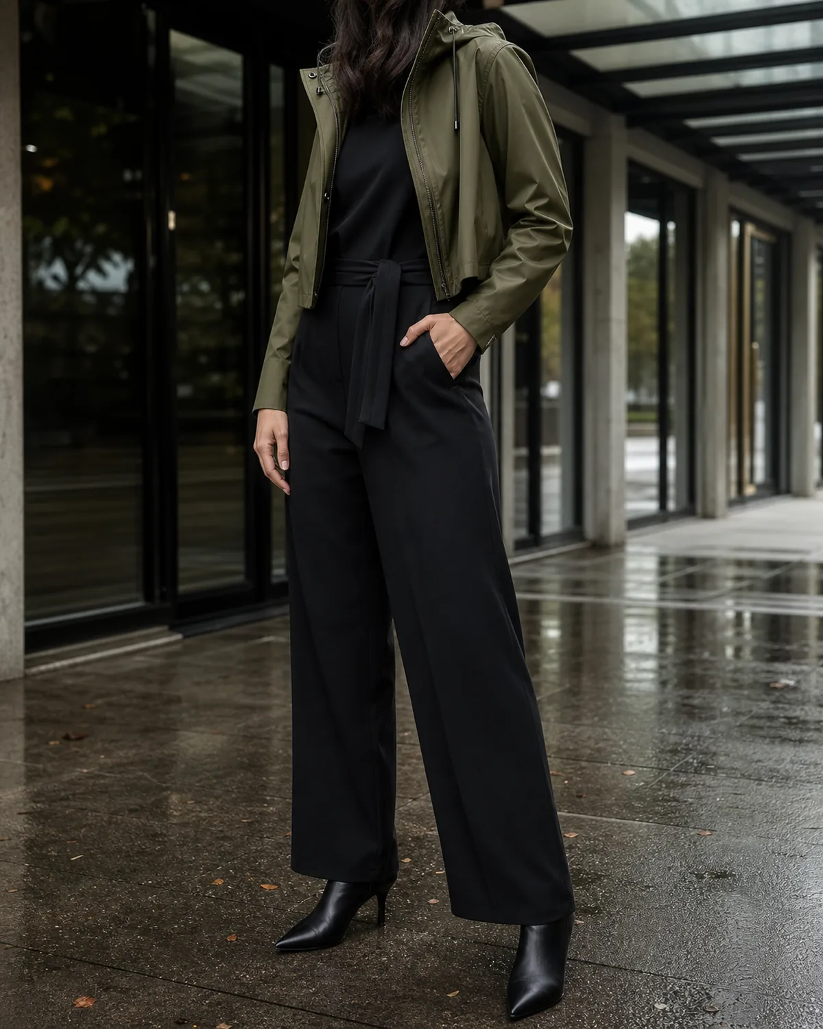 A woman standing three-quarter turn with weight on one hip under a glass awning, wearing a cropped olive-green waterproof rain jacket unzipped over a black wide-leg jumpsuit with a self-fabric belt at the waist and black pointed-toe ankle boots, wet ground visible behind her