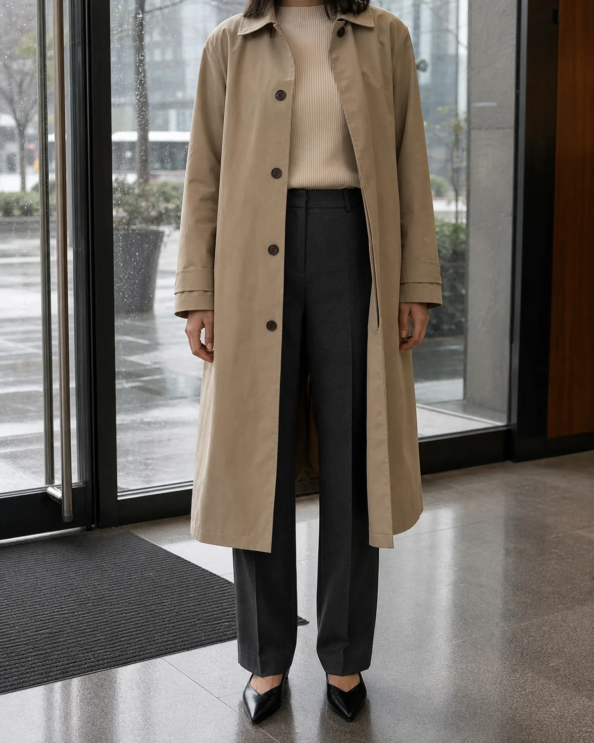 A woman standing straight-on in a beige water-resistant trench coat open over a cream ribbed knit tucked into dark charcoal straight-leg trousers with black pointed-toe flats, inside a glass-doored office lobby with rain visible through the glass behind her