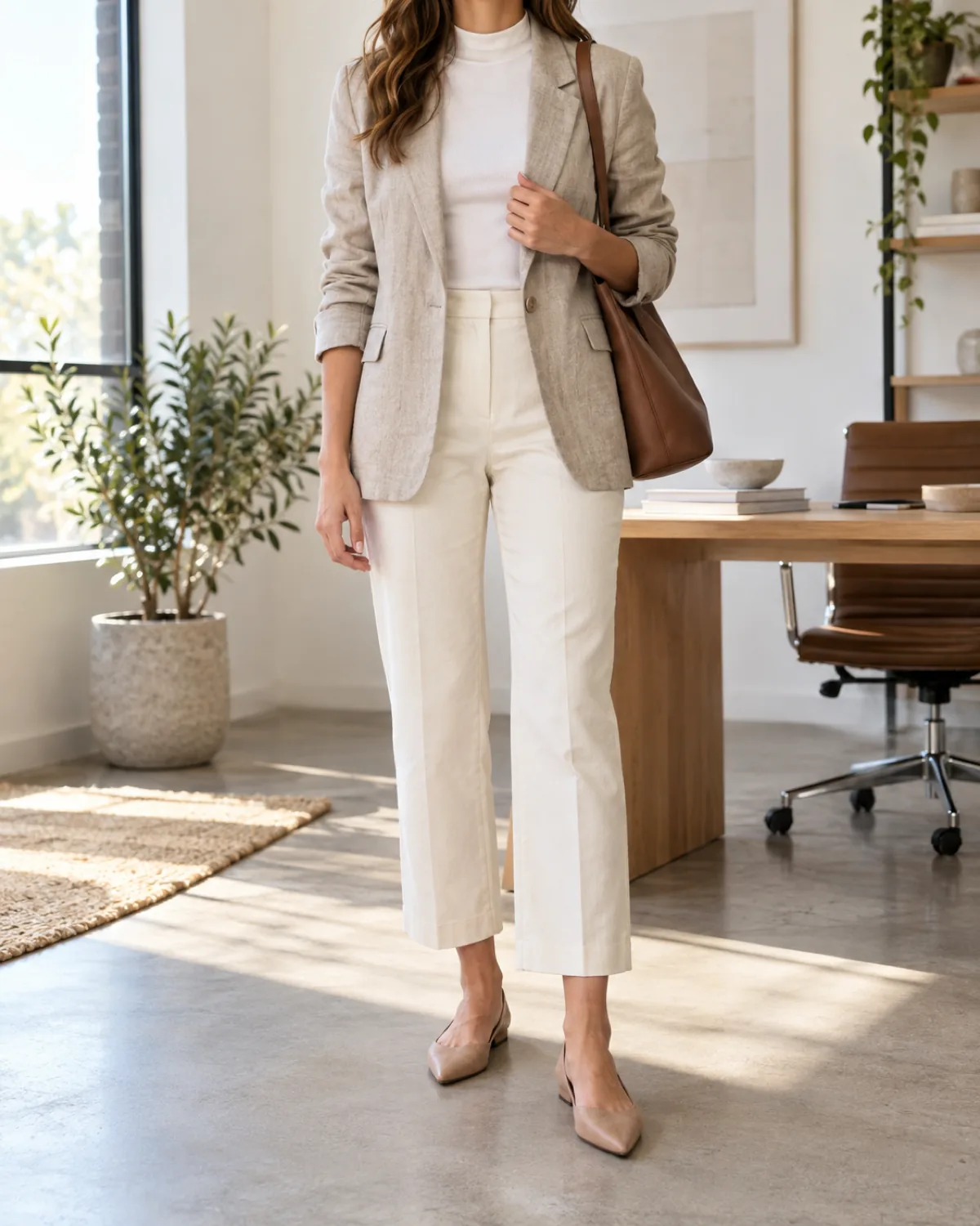 A woman standing full-length in a bright office wearing a stone linen blazer over a white sleeveless mock-neck top and cream cropped straight-leg trousers with nude pointed-toe flats