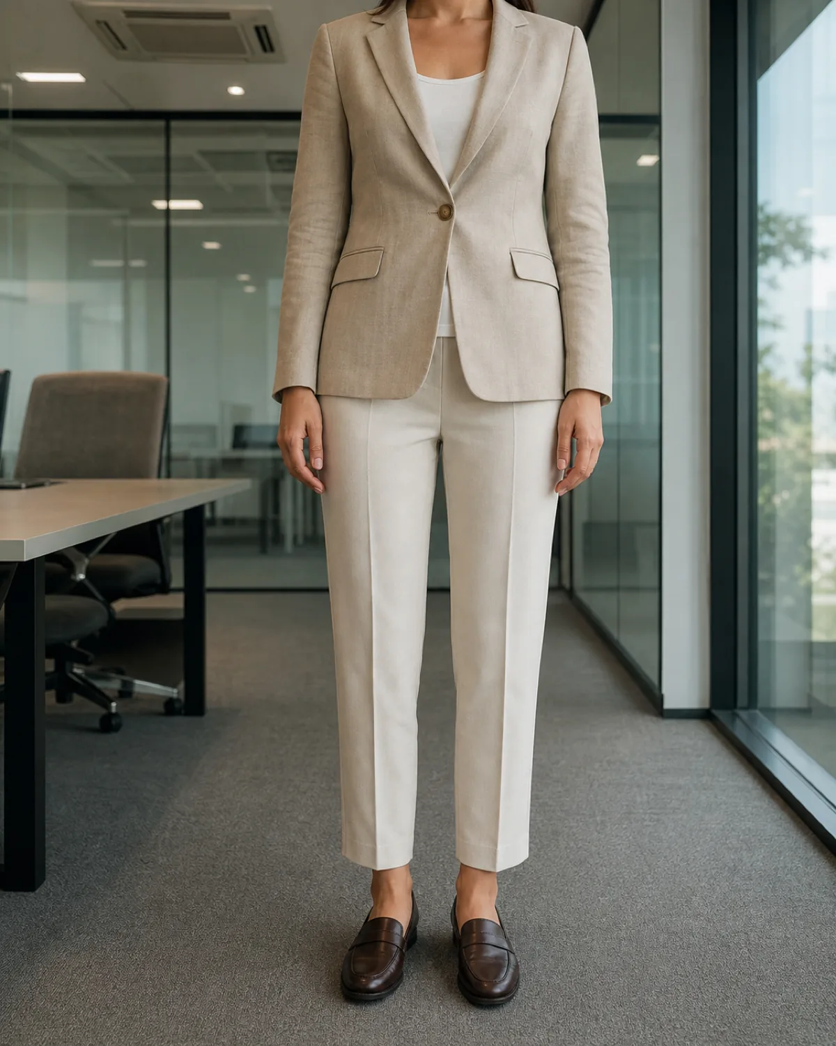 A woman standing straight-on in a sand linen-blend blazer buttoned over an ivory cotton tank, oatmeal ankle trousers with a pressed crease, and dark brown loafers in a glass-walled meeting room with an AC vent visible in the ceiling
