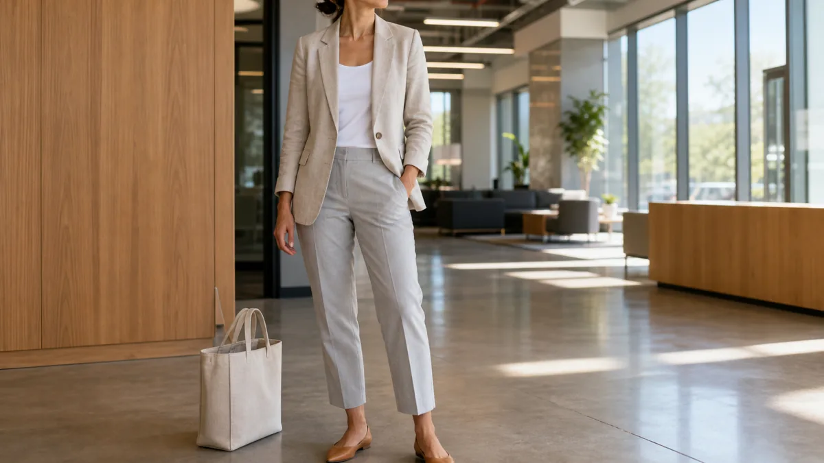 A woman in an oatmeal linen-blend blazer, white tank top and light grey ankle trousers standing in a modern office lobby with summer sunlight through floor-to-ceiling windows