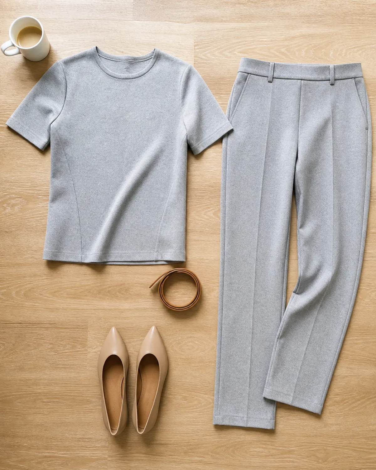 Overhead flat-lay of a light grey ponte short-sleeve top and matching straight-leg ankle trousers on a light wooden surface with a coiled tan belt, nude pointed-toe flats, and a white coffee cup