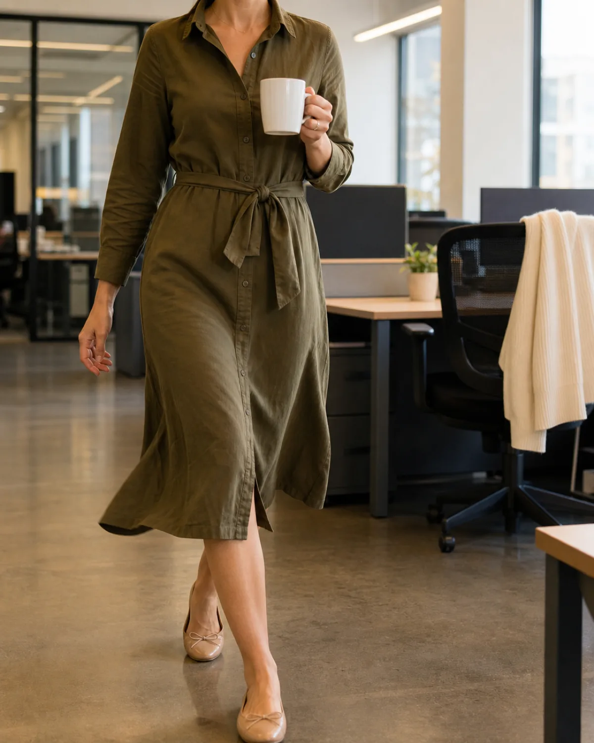 A woman walking mid-stride in an olive cotton midi shirtdress with a collar and self-fabric belt, holding a white coffee mug, with a cream cardigan draped over a desk chair in the background of an open-plan office