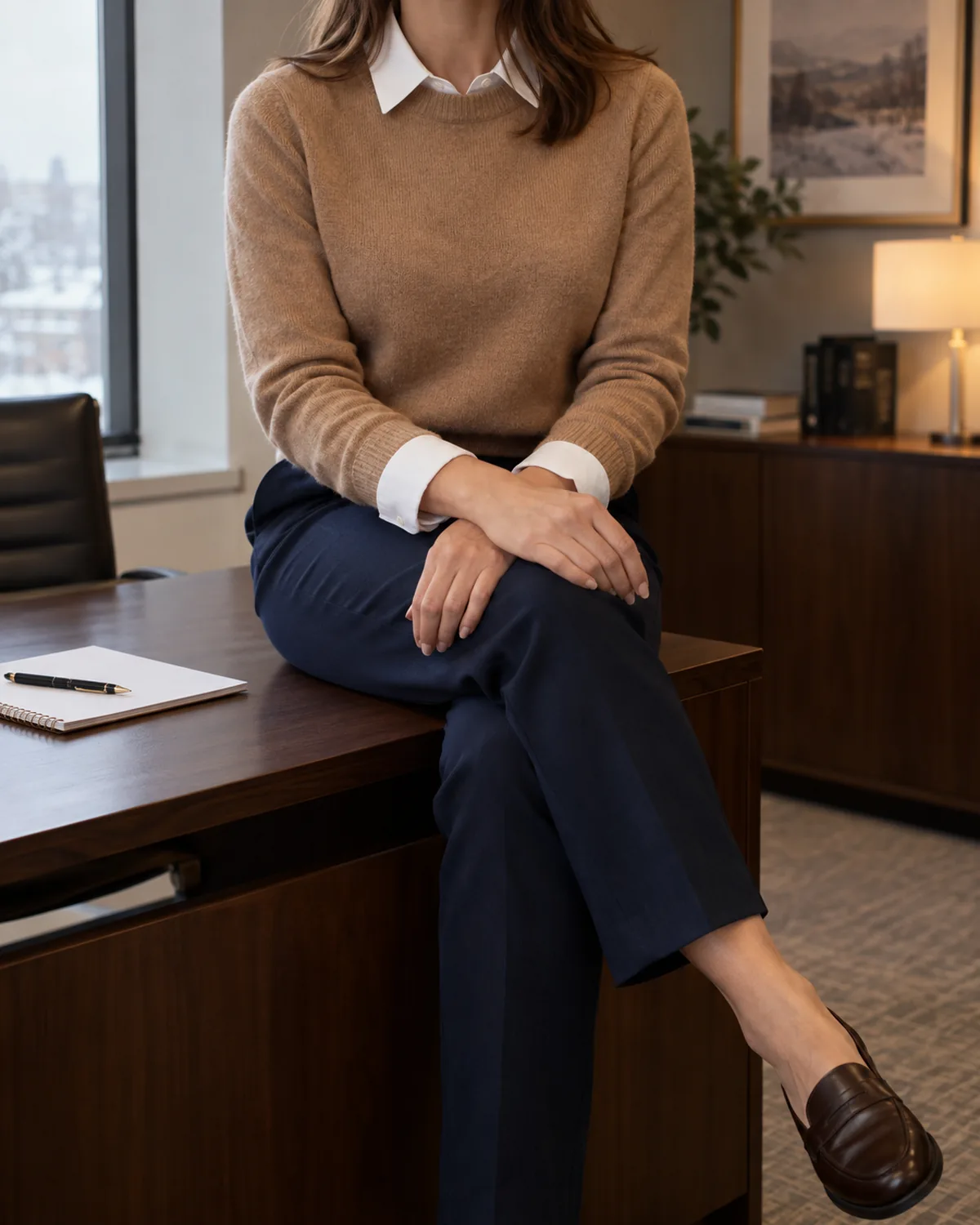 A woman seated at a desk edge with legs crossed wearing a camel cashmere crew-neck sweater over a white cotton collared shirt with collar and cuffs visible, navy tailored trousers and dark brown leather loafers