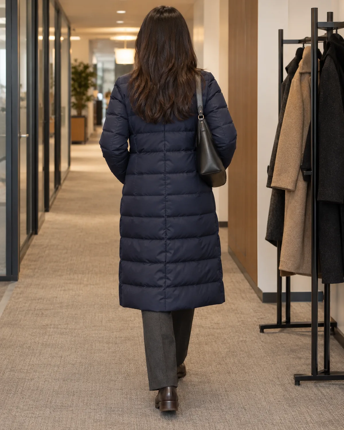 A woman with long dark hair walking away from the camera down an office corridor past a coat rack, wearing a navy full-length down coat that covers her suit jacket, charcoal wool suit trousers and dark brown leather shoes, hands in her coat pockets and a black leather bag on her shoulder