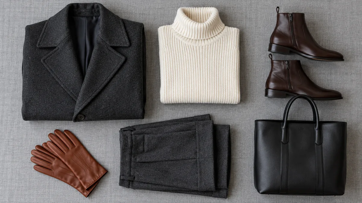 Overhead flat-lay of cold-weather work wardrobe pieces on a cool grey linen surface including a charcoal wool overcoat, ivory ribbed turtleneck, charcoal tailored trousers, cognac leather gloves, dark brown leather ankle boots, and a black leather tote