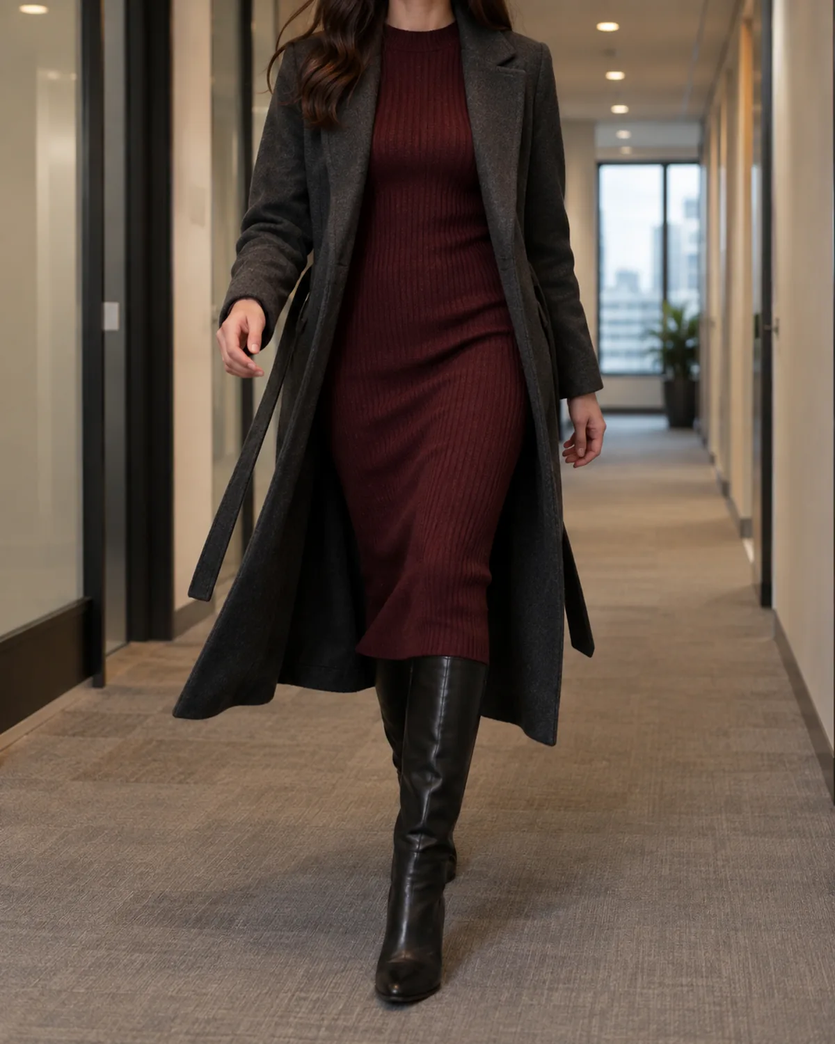 A woman walking mid-stride toward the camera in an office corridor wearing a burgundy ribbed knit midi dress under an open charcoal belted wool coat with the belt hanging loosely untied and black leather knee-high boots