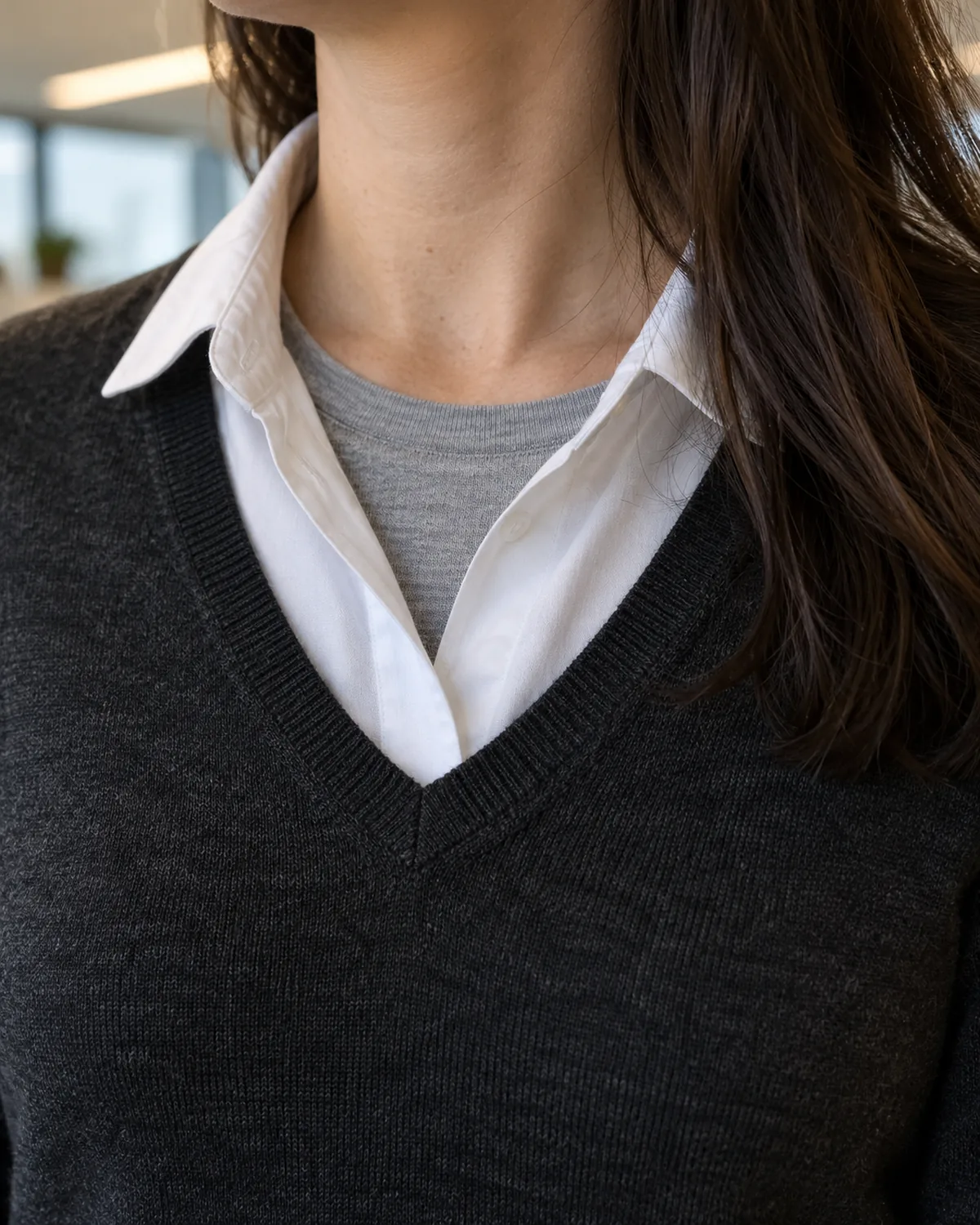 Close crop on a woman's neckline showing three distinct fabric layers: a light grey merino wool crew-neck base layer, a white cotton shirt collar, and a charcoal V-neck wool sweater on top