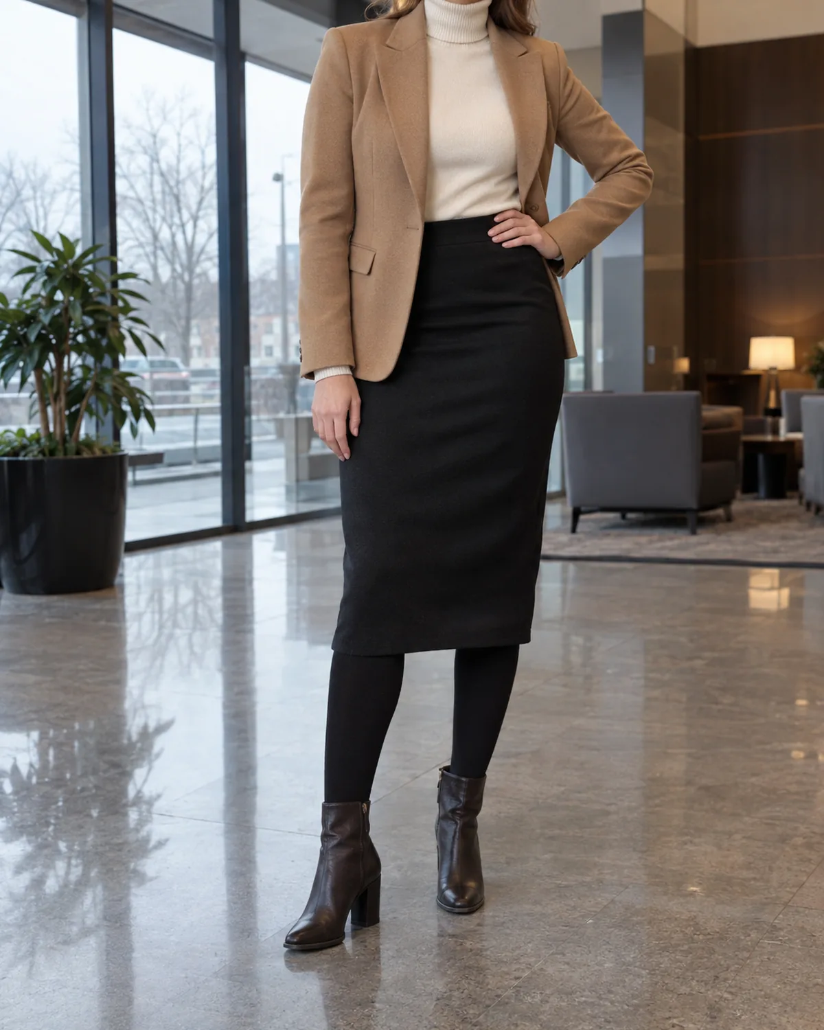 A woman in three-quarter turn in an office lobby wearing a black midi pencil skirt over black opaque tights with dark brown structured ankle boots, a cream turtleneck and a camel blazer
