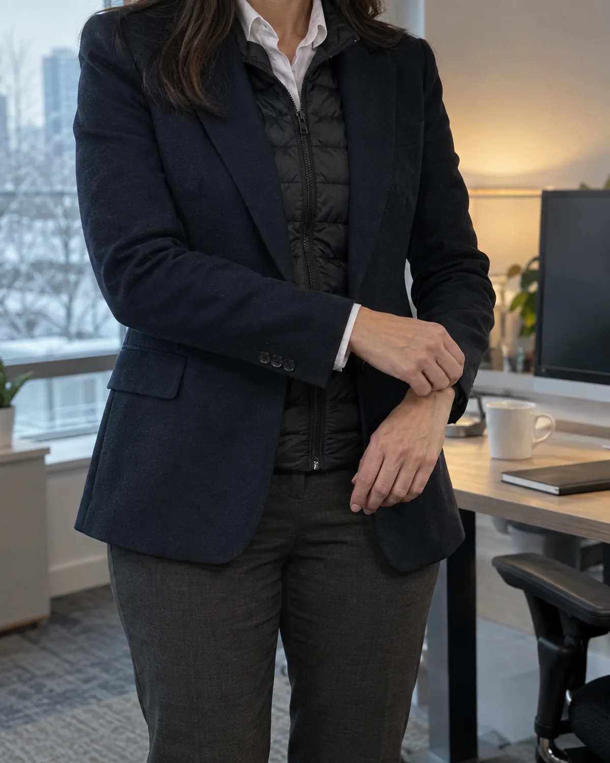 A woman in mid-torso crop adjusting the cuff of a navy structured blazer revealing the edge of a slim black quilted puffer vest underneath with a white collared shirt visible at the neckline and charcoal trousers