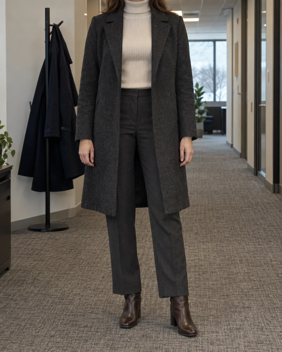 A woman standing straight-on in a modern office hallway near a coat rack wearing a charcoal knee-length structured wool overcoat unbuttoned over an ivory ribbed turtleneck and charcoal tailored trousers with dark brown leather ankle boots