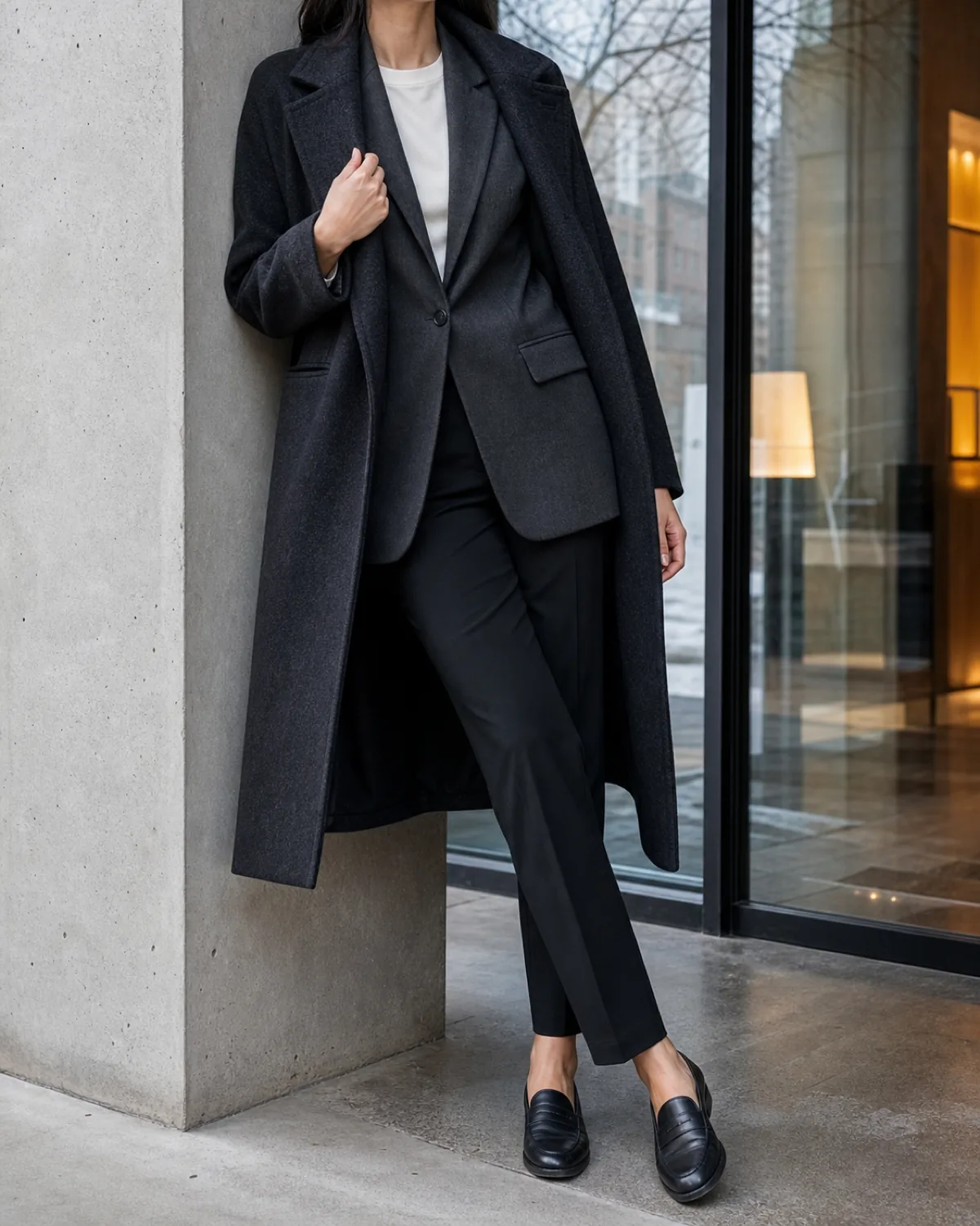 A woman leaning against a concrete column at an office entrance wearing a dark charcoal topcoat open over a lighter charcoal blazer and white crewneck with black slim trousers and leather loafers
