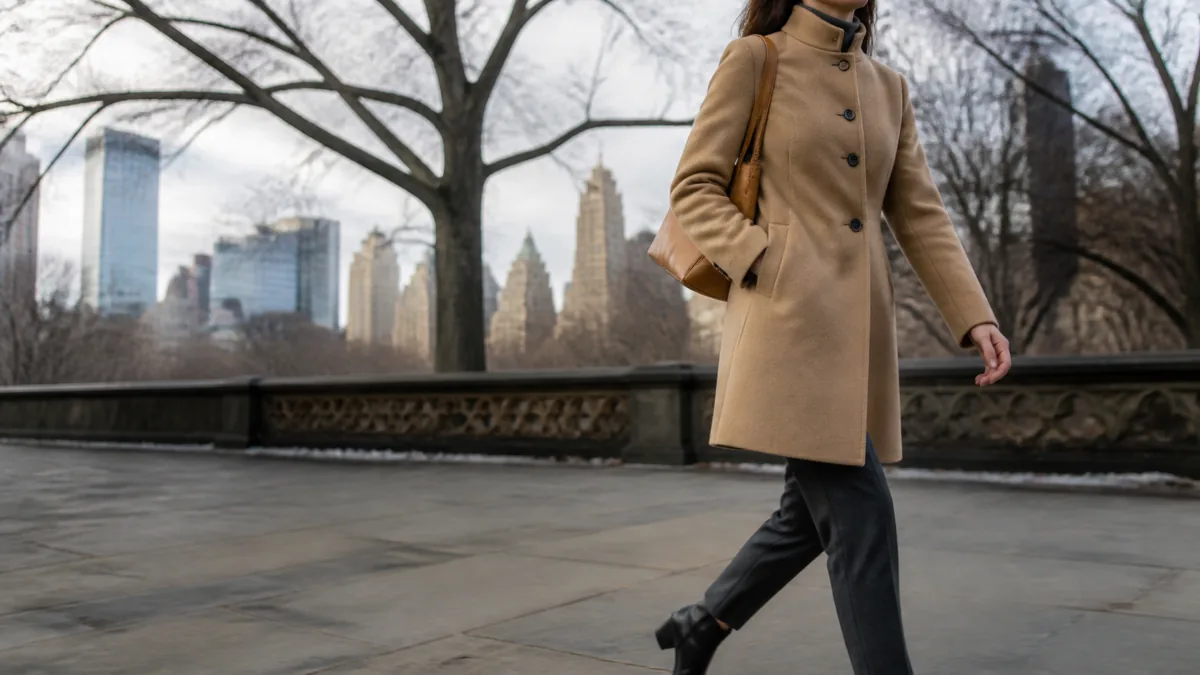A woman in a camel wool coat over a charcoal turtleneck walking on a city sidewalk in winter with bare tree branches above and a tan leather tote on her shoulder
