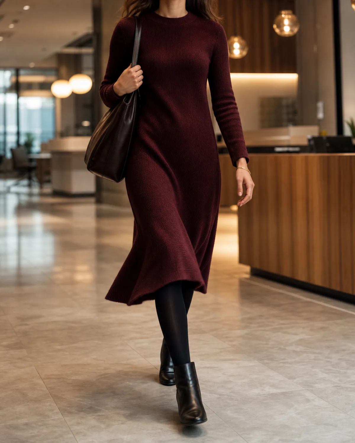A woman walking mid-stride in a burgundy fine-gauge midi knit dress with opaque black tights and black leather ankle boots in a modern office lobby with warm pendant lighting