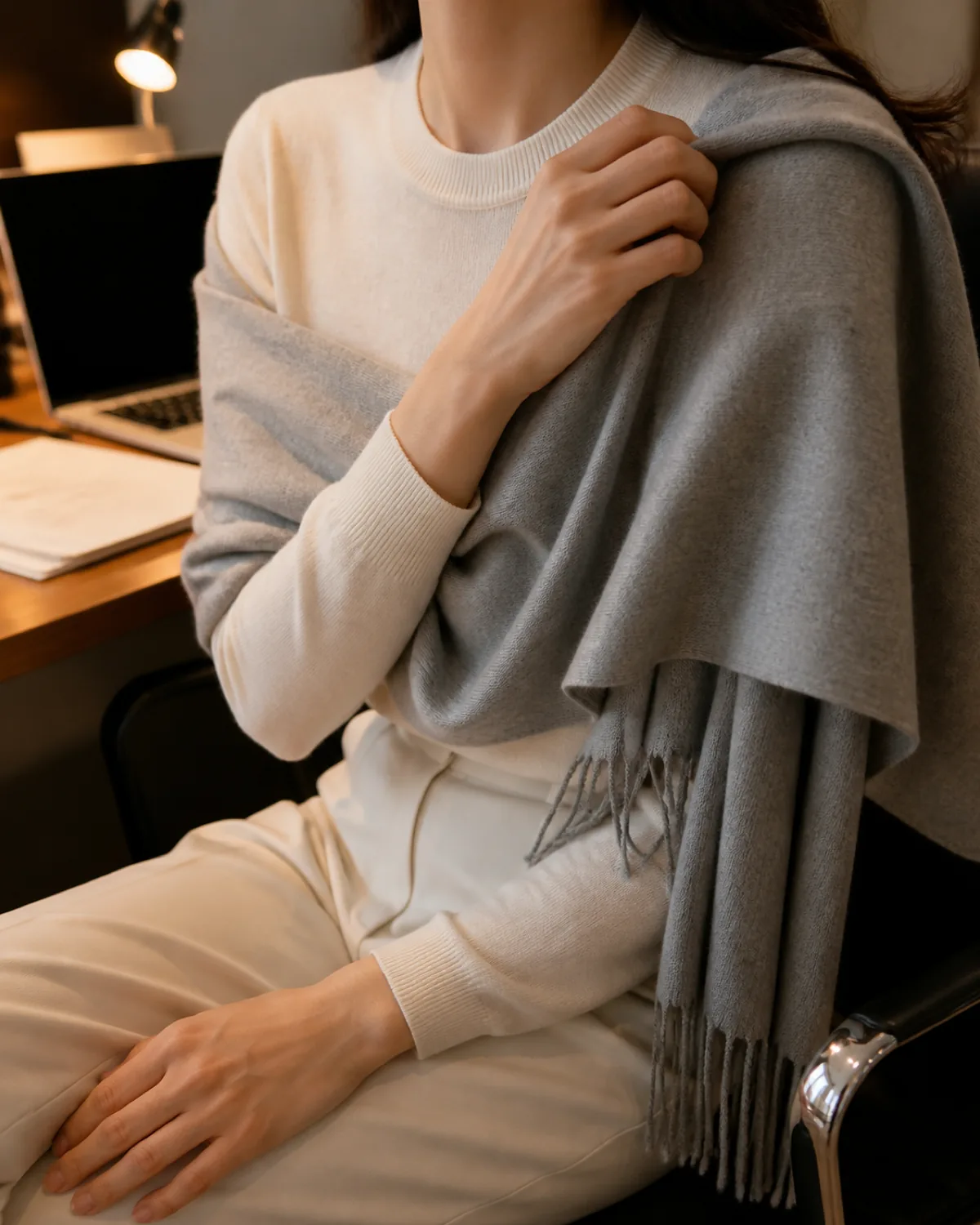 Close crop on a woman's shoulder area at her office desk with a light grey cashmere scarf draped over one shoulder as a wrap, wearing a cream crewneck knit, with a blurred laptop behind