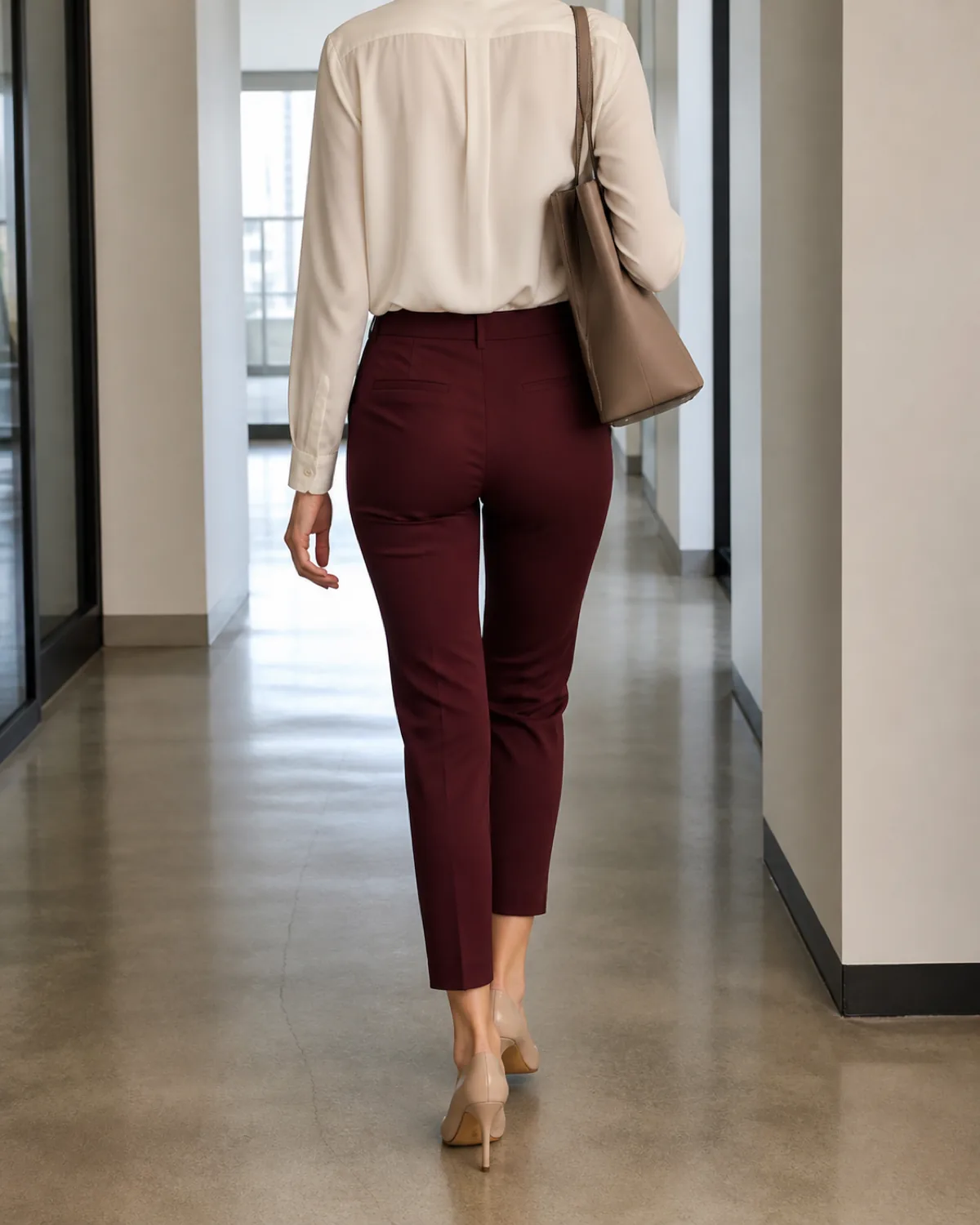 A woman walking away down a clean office corridor with pale walls, shot from behind, wearing burgundy cigarette pants that taper to the ankle bone, an ivory silk blouse, and nude pointed-toe pumps, with a structured leather bag on one shoulder