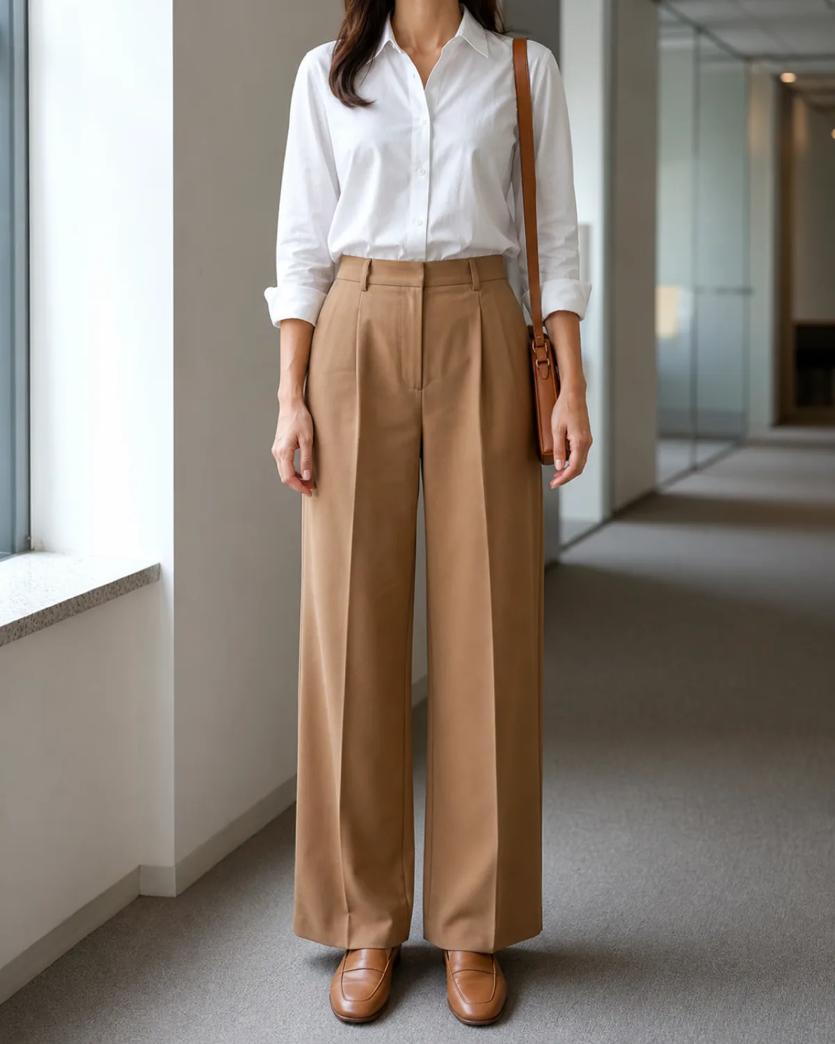A woman standing straight-on in an office corridor wearing camel wide-leg trousers with a white button-down shirt tucked in and tan leather loafers, head cropped out of frame
