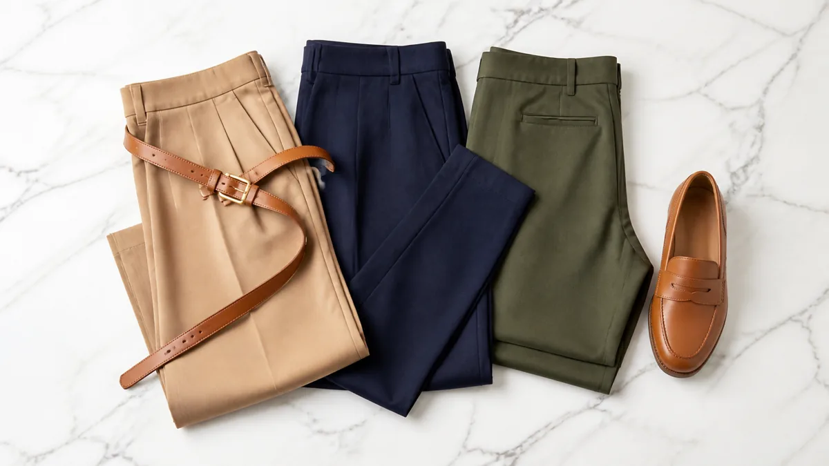 Three pairs of folded work pants in camel, navy, and olive on a white marble surface with a tan leather belt draped across the camel pair and a tan loafer placed to the right