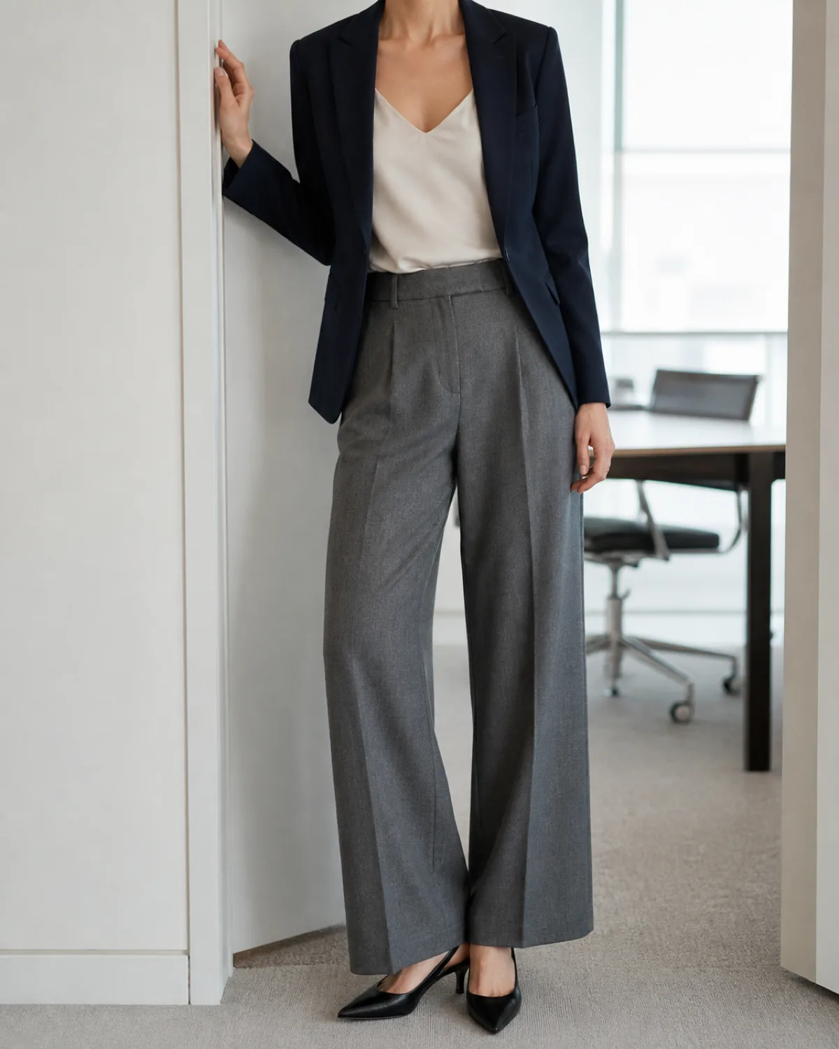 A woman standing in an office doorway leaning one shoulder against the door frame, wearing grey flannel wide-leg trousers, a fitted dark navy blazer with the front open, and a cream silk camisole visible underneath, with black pointed-toe kitten-heel pumps
