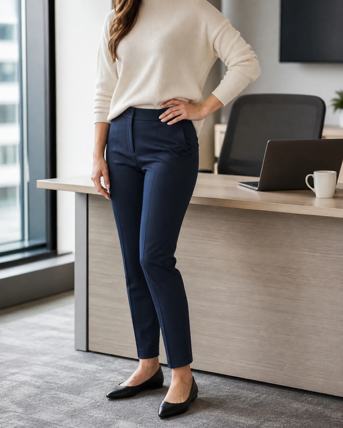 A woman in a three-quarter turn near a light wood desk wearing navy tapered trousers, a cream ribbed knit top, and black pointed-toe flats, with a laptop and coffee mug on the desk behind her