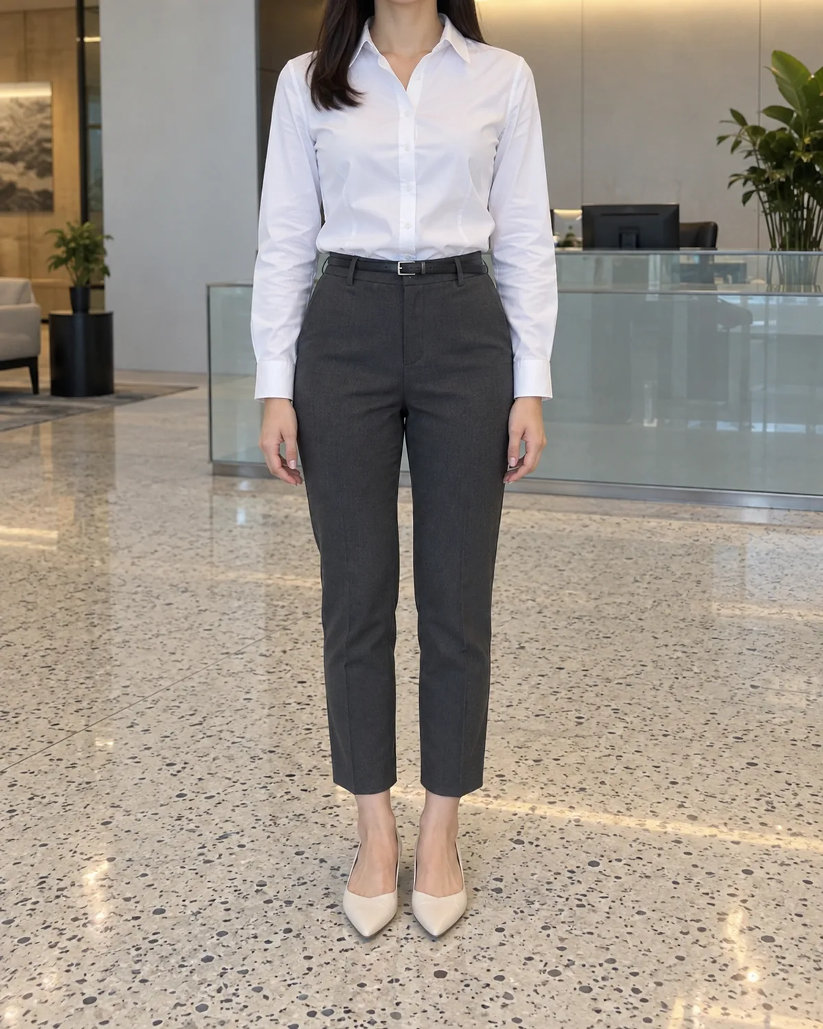 A petite woman standing straight-on in an office lobby wearing a fitted white button-down tucked into charcoal ankle trousers with a thin black belt and bone-coloured pointed-toe heels