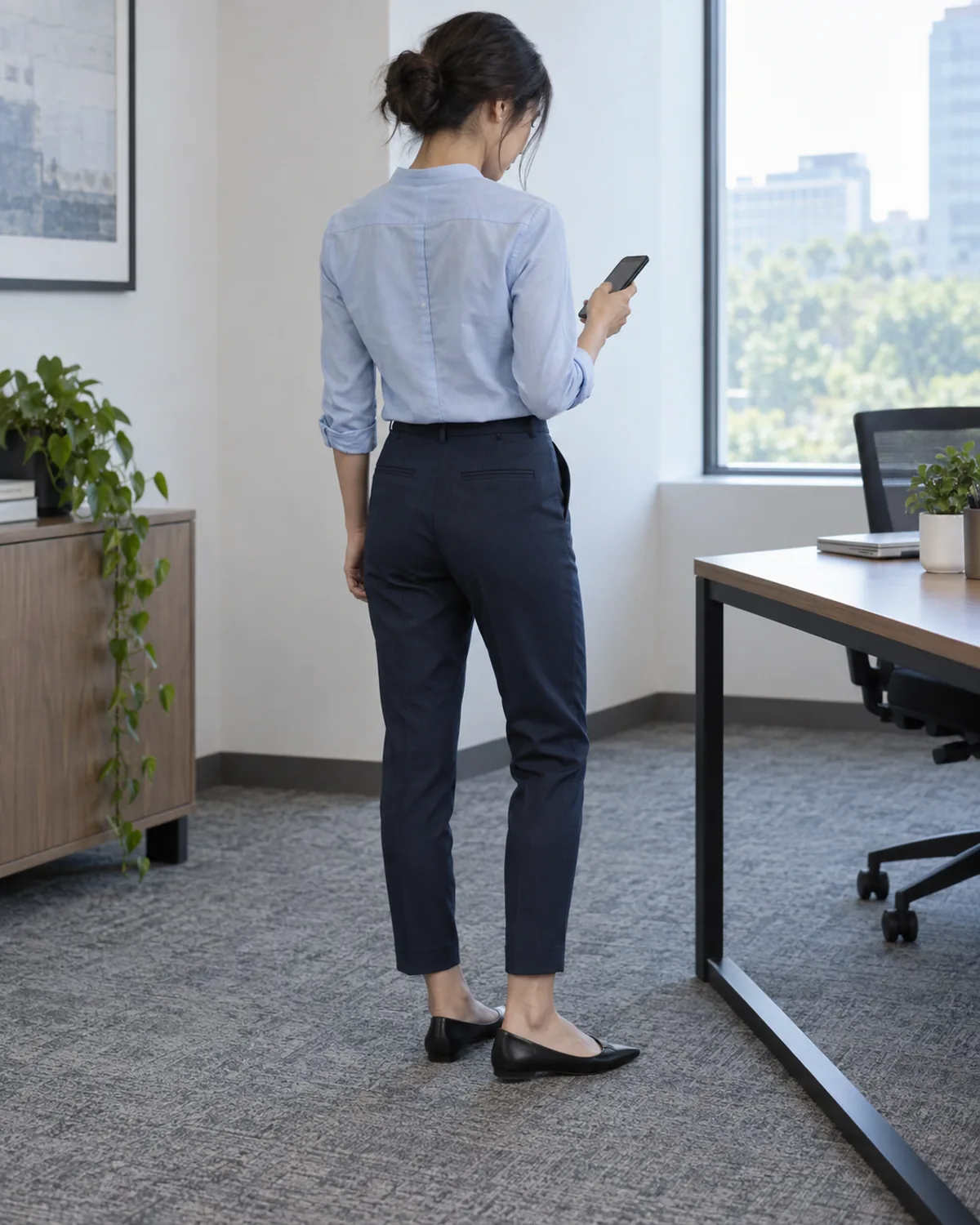 A petite woman seen from the back three-quarter angle looking down at a phone in a modern office, wearing a pale-blue band-collar shirt tucked into navy tapered cigarette pants and black pointed-toe flats
